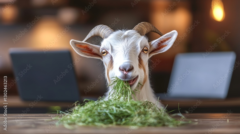 Poster goat is eating grass on a table in front of two laptops. the goat is looking at the camera and he is