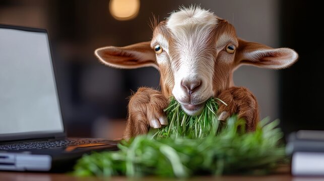Goat is eating grass in front of a laptop. The goat is looking at the camera and he is curious. The scene is playful and lighthearted, with the goat seemingly enjoying its snack