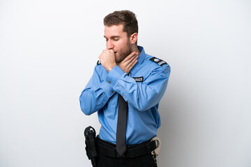 Young police caucasian man isolated on white background is suffering with cough and feeling bad