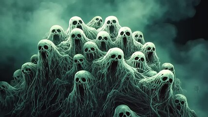 A haunting gathering of ghostly figures shrouded in mist, evoking a sense of eerie mystery