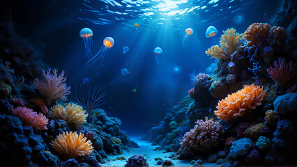 Fototapeta premium A vibrant underwater scene featuring colorful coral and jellyfish illuminated by sunlight filtering through the water.