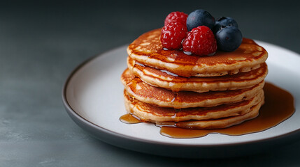 Top view of a stack of fluffy pancakes on a white plate, drizzled with maple syrup and topped with fresh berries
