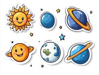 Colorful cartoon solar system elements with smiling sun and planets in space
