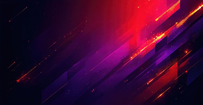 Dynamic bold gradient background fire red merging dark purple grainy noise texture sharp geometric formations glowing neon light beams bright colorful design