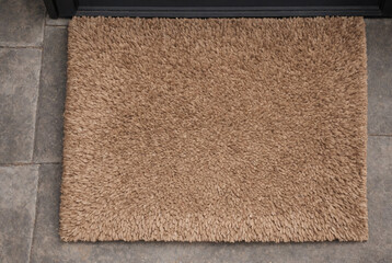 The brown and beige doormat in front of the door