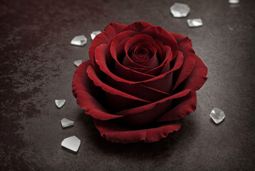 Red rose on a dark grunge background with broken glass
