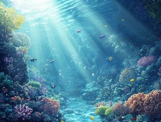 Fototapeta premium Underwater Scene with Vibrant Coral Reefs and Rays of Sunlight Illuminating Marine Life in a Crystal-Clear Ocean Environment