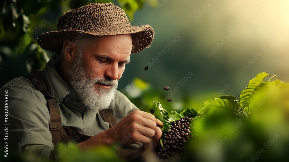 Poster man in a straw hat is picking coffee beans. he is smiling and he is enjoying the process