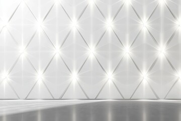 Empty white room with diamond patterned wall, spotlights, and polished floor.  Use Product presentation