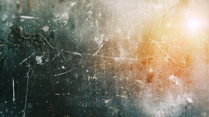Heavily distressed film texture with overexposed highlights, bright flares, dust scratches, raw analog feel