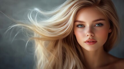 Naklejka premium Woman with long blonde hair and blue eyes. She is wearing makeup and has a nice smile