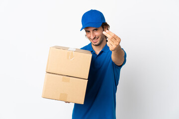 Delivery man isolated on white background making money gesture