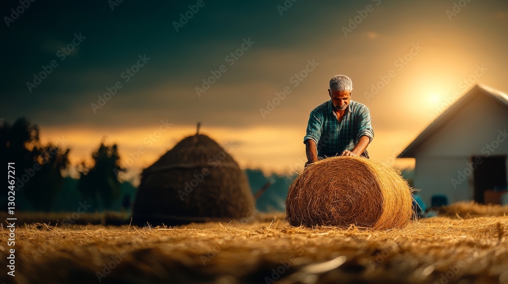 Poster man is standing in a field of hay, preparing to cut it. the sky is cloudy and the sun is setting, cr