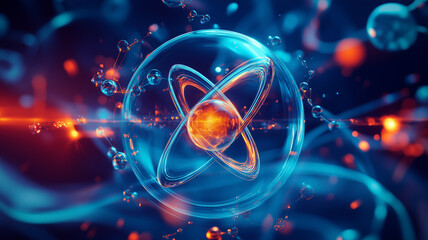 Scientific model of the atom concept background. Scientific research in the field of molecular physics, biology, chemistry. Planet in space poster. Digital illustration. AI artwork. 