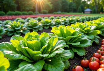 Fototapeta premium Lush Organic Garden: Rows of Fresh Lettuce, Kale, Tomatoes Growing Under Sunlight, Aesthetic Gardening, Healthy Produce, and Vibrant Colors.