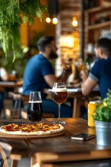 Cozy restaurant setting with pizza, craft beer, and friends enjoying time together in a warm atmosphere