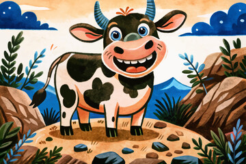 funny cow in savanna landscape abstract cartoon illustration