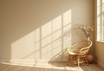 Empty beige wall in a boho room with a wicker armchair and vase. Natural daylight from a window creates a warm promotion background.