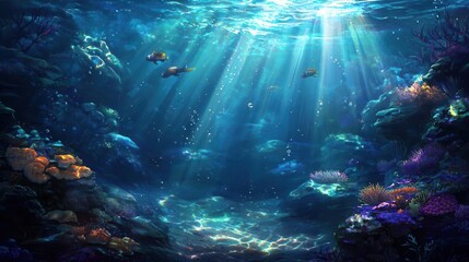 Obraz premium Underwater Scene Sunbeams Illuminate Vibrant Coral Reef and Fish