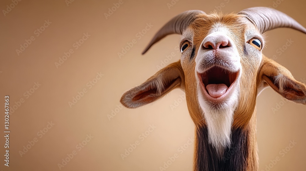 Poster goat is smiling and making a funny face. the goat is looking at the camera and he is happy
