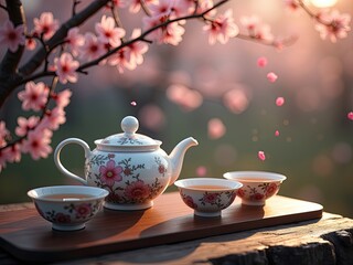 Fototapeta premium Serene Japanese Tea Ceremony with Cherry Blossoms in Spring Sunlight