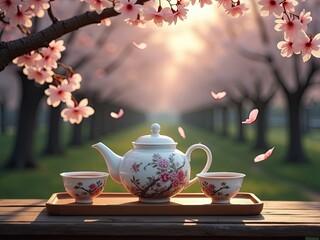 Fototapeta premium Serene Japanese Tea Ceremony with Cherry Blossoms in Spring Sunlight