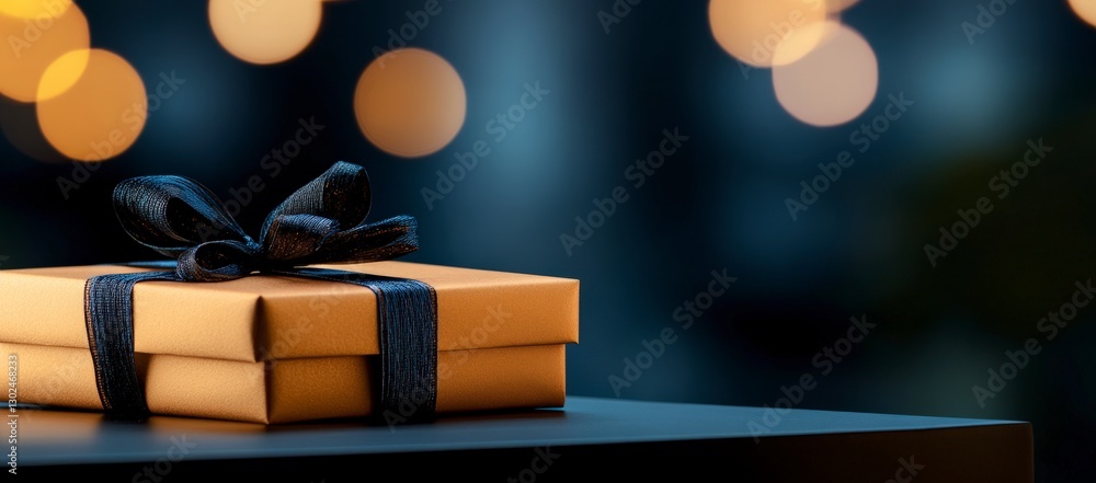 Poster elegant gift box with black ribbon on a dark surface against a background of soft glowing lights and