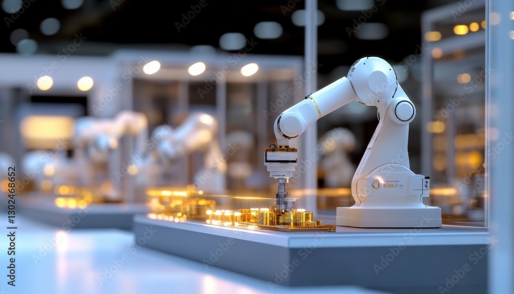 Poster advanced robotic arm assembling components in modern industrial production environment with ambient 