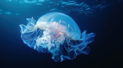 Fototapeta premium A mesmerizing close-up captures a blue jellyfish with a sleek, elongated body, round head, and graceful neck. Its delicate, transparent tentacles dance elegantly in the frame