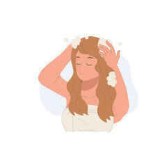hair care and beauty concept. woman washing hair with foamy shampoo in refreshing shower hair care hygiene and wellness
