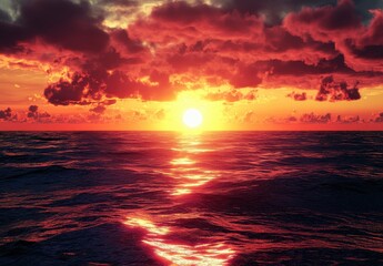 Vibrant Sunset Over Calm Ocean Waters with Dramatic Cloud Formation and Reflections Shimmering in the Golden Light of a Serene Evening Sky