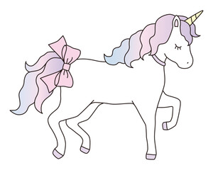 リボンをつけたかわいいユニコーンのベクターイラスト。馬、角、動物、ドリーミー、線