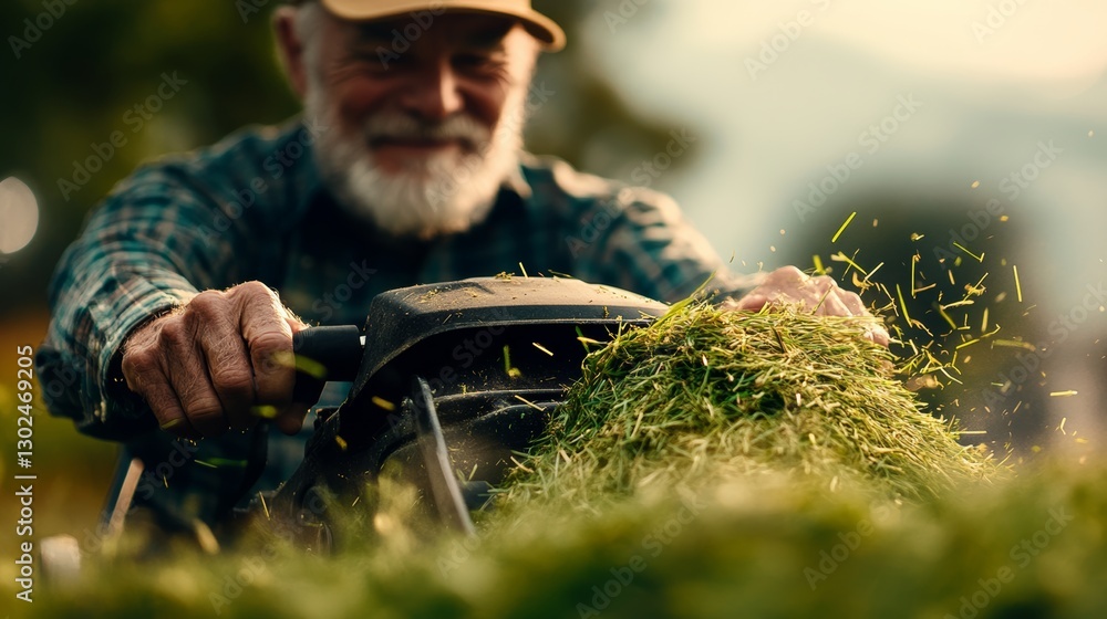 Poster man is using a lawn mower to cut grass. he is smiling and he is enjoying himself