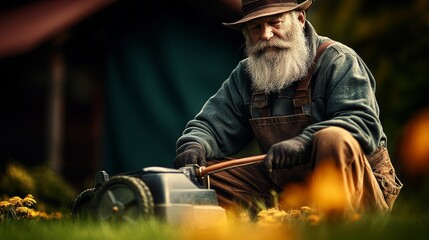 Fototapeta premium Man with a beard and a hat sits on the grass next to a lawn mower. He is wearing a vest and gloves