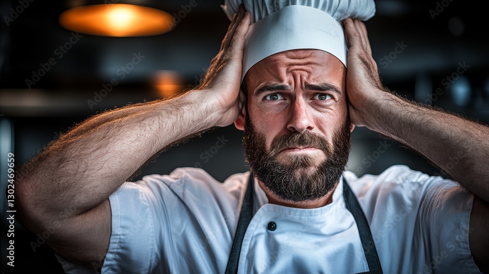 Poster chef is wearing a white hat and is looking at the camera with a concerned expression. he is in a sta