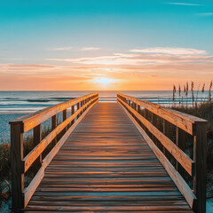 Obraz premium wooden boardwalk leads to the beach at sunset, with golden light reflecting on the planks. The ocean waves and a vibrant sky create a peaceful, scenic, and inviting coastal atmosphere
