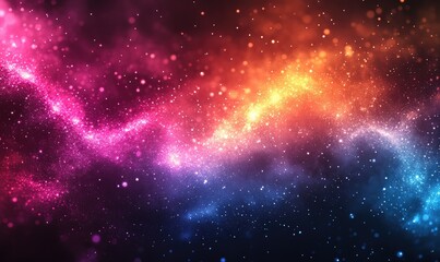 Fototapeta premium Abstract colorful cosmic background, vibrant pink, orange, and blue streaks, scattered light particles, dark background, glowing effect