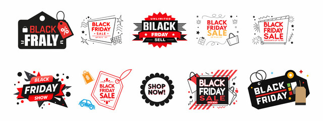 A set of colorful and diverse Black Friday sale banners and tags.