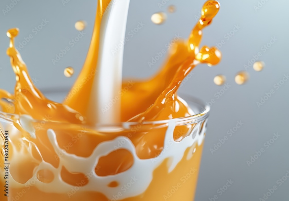 Poster vivid splash of orange juice blending with milk creating dynamic texture in a clear glass against a 