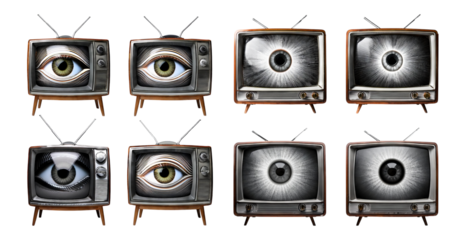 Vintage Television Sets with Eye Imagery for Unique Art Concepts, Bundle Set Collection, Isolated on Transparent Background