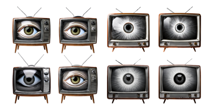 Vintage Television Sets with Eye Imagery for Unique Art Concepts, Bundle Set Collection, Isolated on Transparent Background