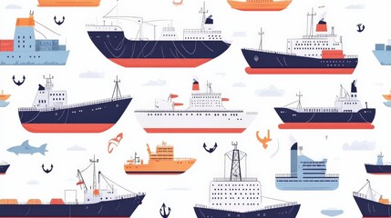 Fototapeta premium Colorful Maritime Ships and Vessels Pattern with Ocean Elements and Nautical Themes