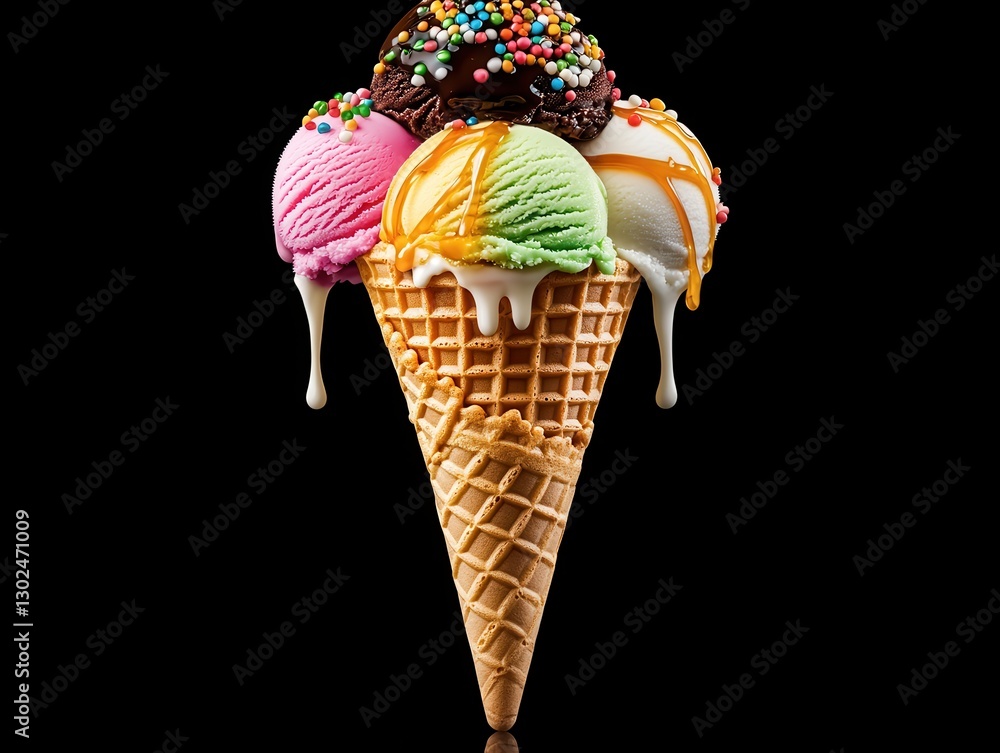 Poster colorful ice cream cone with multiple scoops and toppings against a dark background