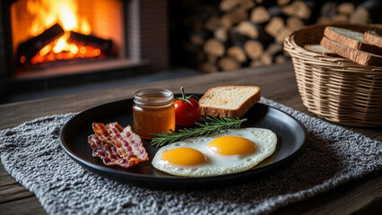 Cozy Breakfast with Bacon, Egg, and Beans by a Fireplace &ndash; Rustic Dining Photo