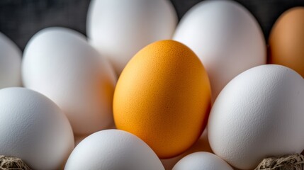 Bunch of eggs with one of them being orange. The eggs are all different sizes and are laid out in a pile