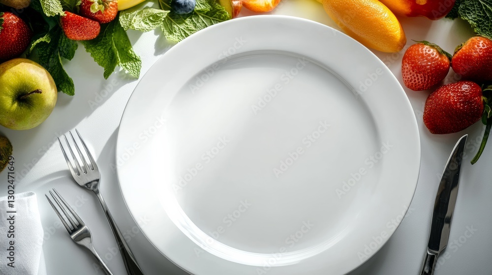 Poster white plate with a fork and knife on it. the plate is empty. there are fruits and vegetables on the 