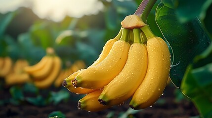 Bunch of bananas hanging from a tree. The bananas are wet and shiny. Concept of freshness and abundance