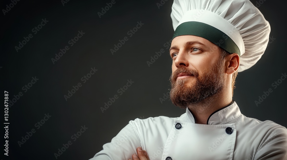 Poster chef with a white hat and beard stands in front of a dark background. he is smiling and looking at t