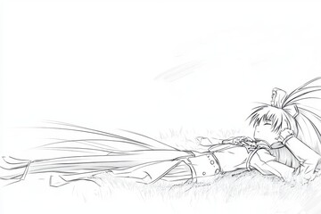 Explore a minimalist pencil sketch of an anime girl lying down, exuding tranquility under an umbrella in this captivating image. ????? #AnimeArt