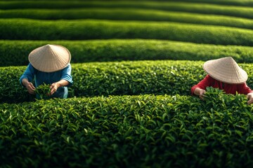 Two women wearing straw hats are picking tea leaves in a field. The field is lush and green, and the women are working together to harvest the leaves